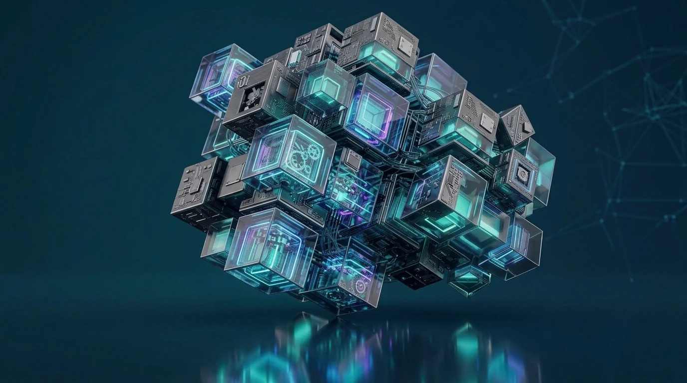 Abstraktus 3D vizualas — sujungtų technologijų kubų kompozicija, simbolizuojanti skaitmeninį matomumą
